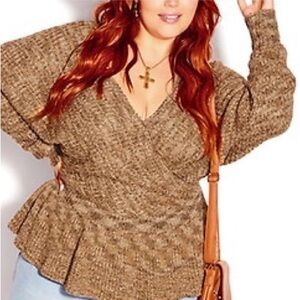 NWT City Chic Western Marled Knit V-Neck Peplum Sweater in Caramel Sz S/16